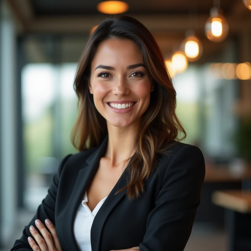 a confident, successful woman smiling in a modern professional environment, subtle lighting or glow elements to highlight inspiration, 8k, best quality, photorealistic, detailed portrait, intricate details, elegant businesswoman, confident pose, warm lighting, office interior background, soft bokeh, dynamic composition, professional attire, positive expression, inspirational