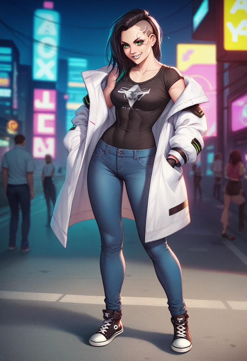 Woman in fighting pose and full body, smiling, art detail oil pastel colours, manhwa, physical appearance, pale skin, firm and strong body, green eyes, long and extensive black hair, tall and big, pretty, scar on the lower lip, clothes, white jacket with long sleeves, black t-shirt, black jeans, black converse, black gloves, makeup, lip balm, soft eyeliner, action, standing, background, night street, facial expression, attractive, sexy, way of dressing,urban cyberpunk videogame