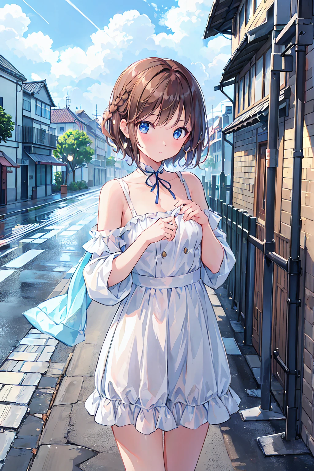 Tabletop, Highest quality,figure, wallpaper, Super detailed, Absurd, One Girl, alone, (Brown Hair，Medium Short Hair、Short braided hair), Beautiful attention to detail, Rainfall、Water droplets fall、Wet your hair , Look to the side, (street:1.5), The sky is bright，Summer sky、Bright landscape，((Highest quality)), (Very detailed), (高精細CG合成8Kwallpaper), 高いly detailed,  高い-definition raw colbor photos, Professional photography,  Written boundary depth,Small breasts，Flat chest