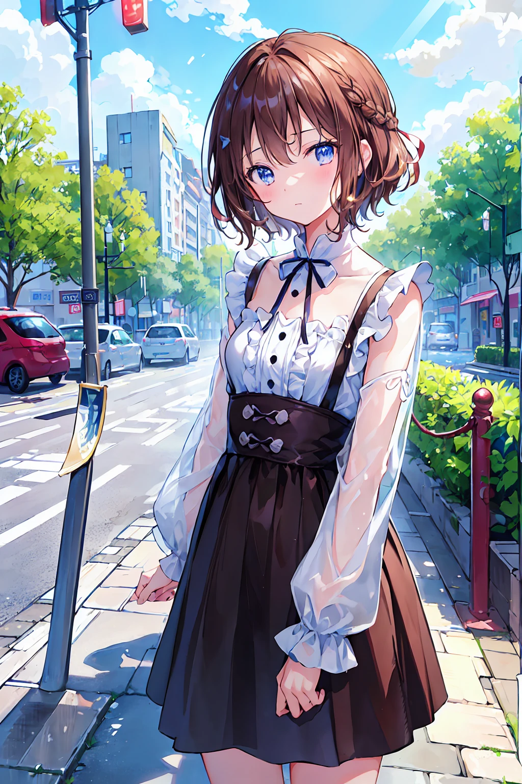 Tabletop, Highest quality,figure, wallpaper, Super detailed, Absurd, One Girl, alone, (Brown Hair,Medium Short Hair、Short braided hair), Beautiful attention to detail, Rainfall、Water droplets fall、Wet your hair , Look to the side, (street:1.5), The sky is bright,Summer sky、Bright landscape,((Highest quality)), (Very detailed), (高精細CG合成8Kwallpaper), 高いly detailed, 高い-definition raw colbor photos, Professional photography, Written boundary depth,Small breasts,Flat chest
