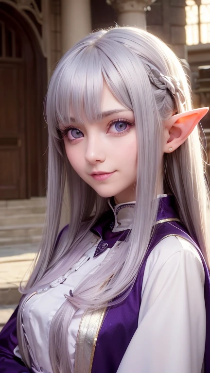 masterpiece, best quality, highly detailed, ultra high res, (photorealistic:1.8), unreal_engine, photograph, realistic_skin_texture, <lora:Emilia:0.5>, 1girl, silver_hair, pointy_ears, purple_eyes, hair_ornament, hair_ribbon, braid