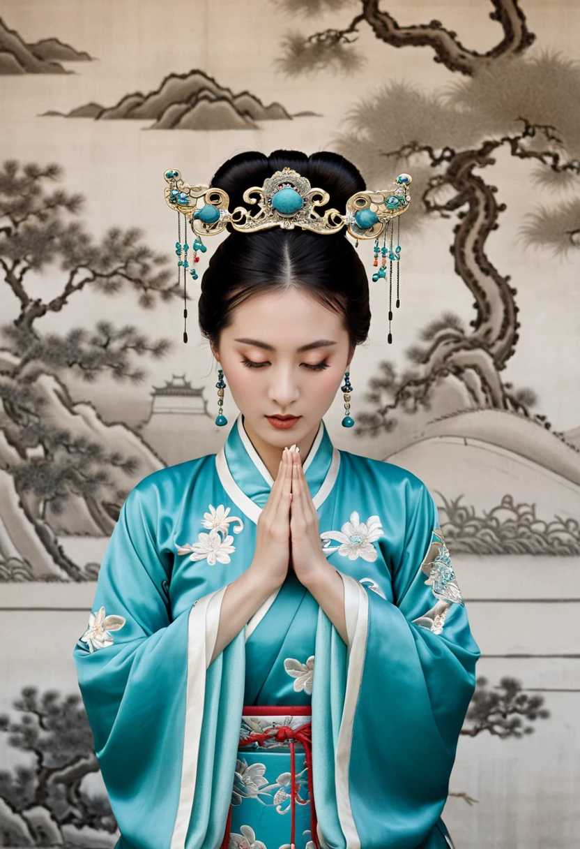 Stone letter M (pornographic pose) outside a Chinese palace during the Qing Dynasty A gorgeous Chinese courtesan with her hair tied on both sides A perverted and erotic woman wearing a crown and tying her hair is the backdrop for a gorgeous room of an empress in a Chinese court during the Qing Dynasty.
