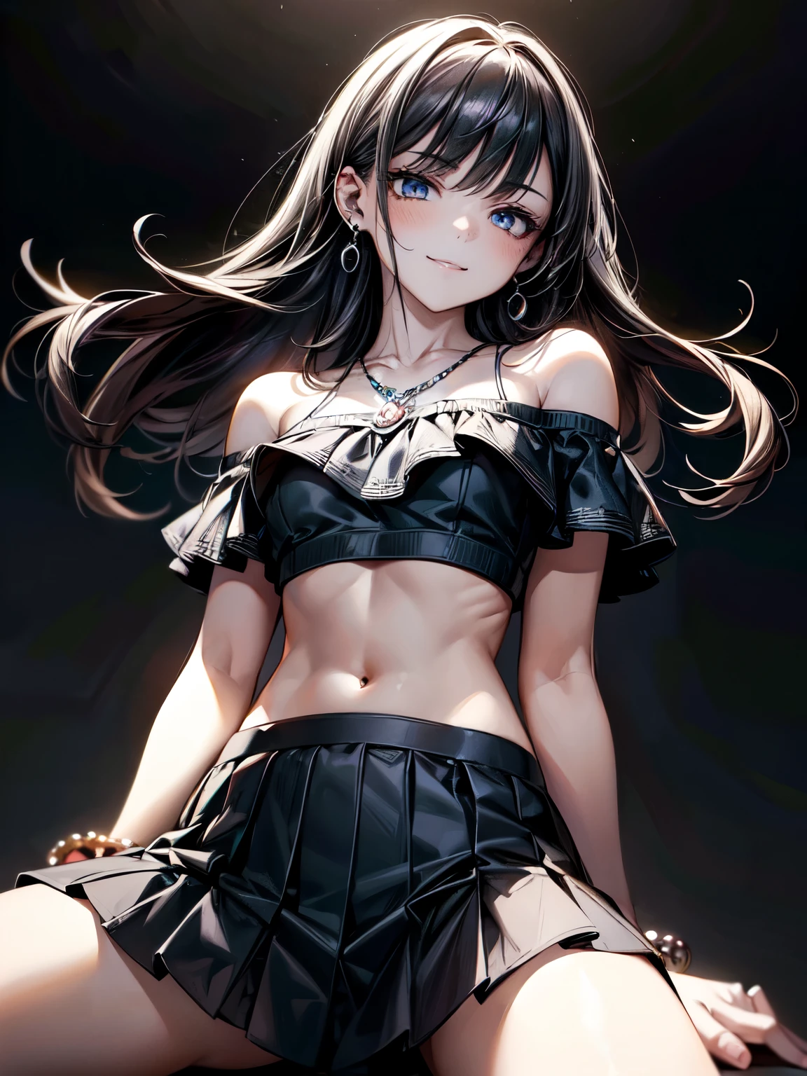 (RAW photo:1), (best quality:1.3), (masterpiece:1.3), (ultra-detailed:1.3), (beautiful:1), (floating hair :1), (beautiful detailed eyes:1.1), (extreme detailed illustration:1.3), (professional lighting, face lighting:1.2), (perfect anatomy:1.3), soft light, beautiful body, (black hair:1.2), long straight black hair:1.3, gray eyes, (small breast), (small breast), beautiful body, model body type, teacher, serious and vigilant, , extreme detailed illustration, 1girl, (smile:1.2), (cute:1.2), twenties, looking at viewer, wearing trendy outfit, (white off-shoulder knit top, short sleeve knit top, cropped knit top, bare belly button, detailed texture, fitted, casual attire, pleated mini skirt), Silver chain necklace with small charm, simple silver earrings, silver bracelet, , Silver chain necklace, piercings, silver bracelet, standing, spread legs, tokyo street,, from below, wide angle