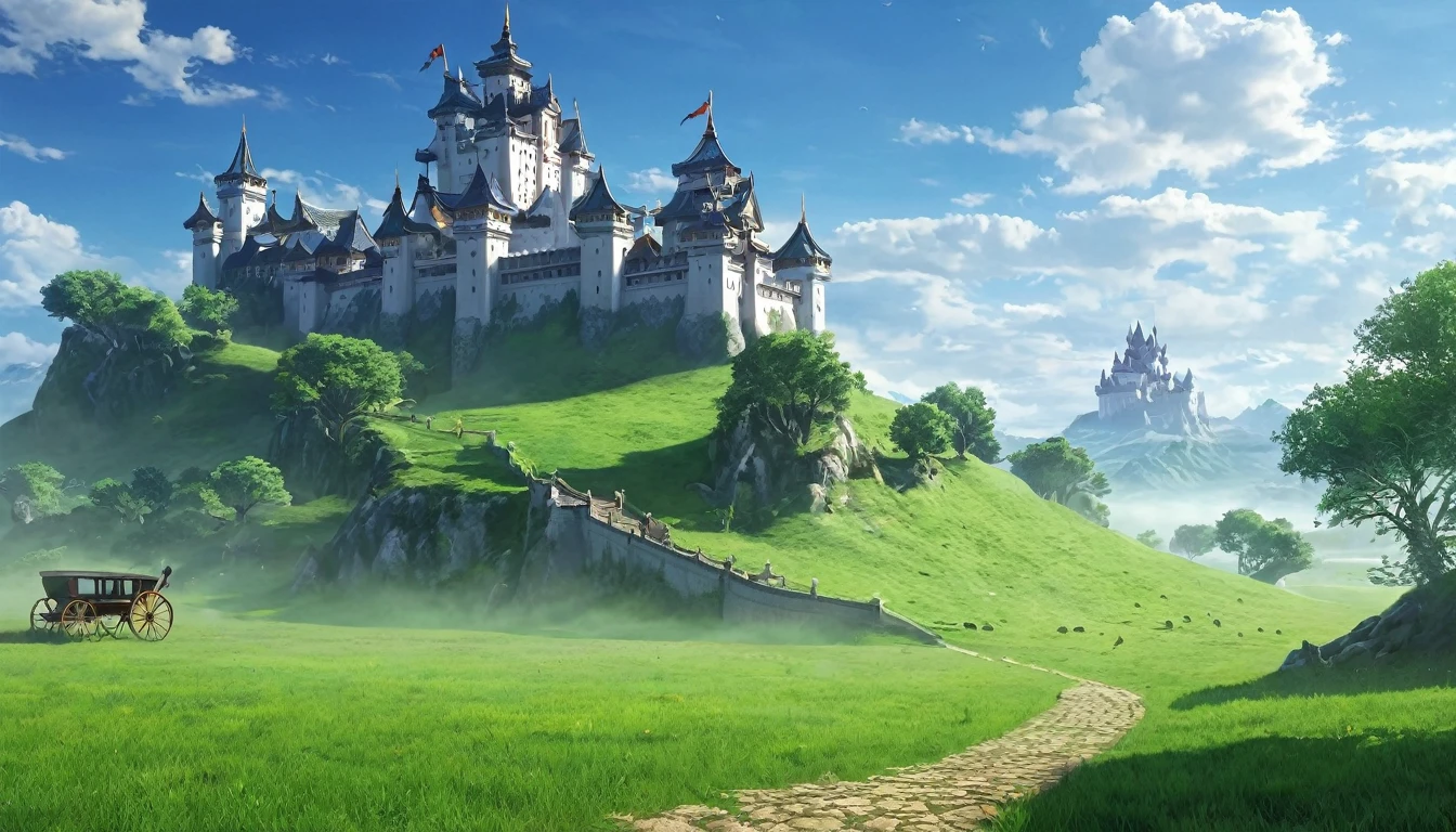 Fantasy, grassland, There is a large Western-style castle in the far right., dim