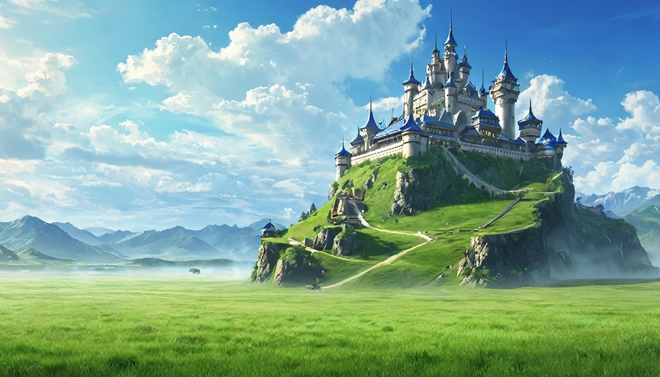 Fantasy, grassland, There is a large Western-style castle in the far right., dim