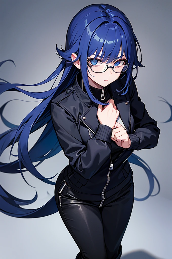 She wears a dark blue zip-up jacket with a high collar that's also fairly wide. She wears slim-fit matching black pants and black dress boots. Before switching over to a simple glasses, Her hair is snowy white and long while she makes a Cocky looks,her glasses are on top of her head to  revealing her two vibrant blue eyes. In the other hand she is the strongest sorcerer in the jujutsu world filled with curses she always has an cocky expression and arrogant 