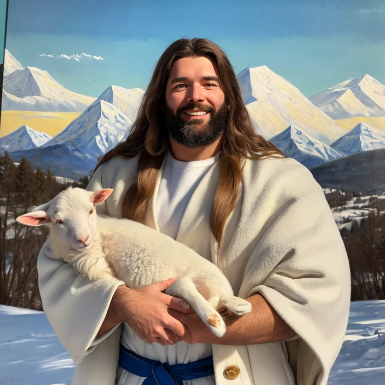 Jesus,portrait, soft light, A man with long brown hair and a beard, wearing a white coat and a blue belt, holds a lamb in his arms, gently smiling, Mountains and clouds in the background, 8 K, oil painting