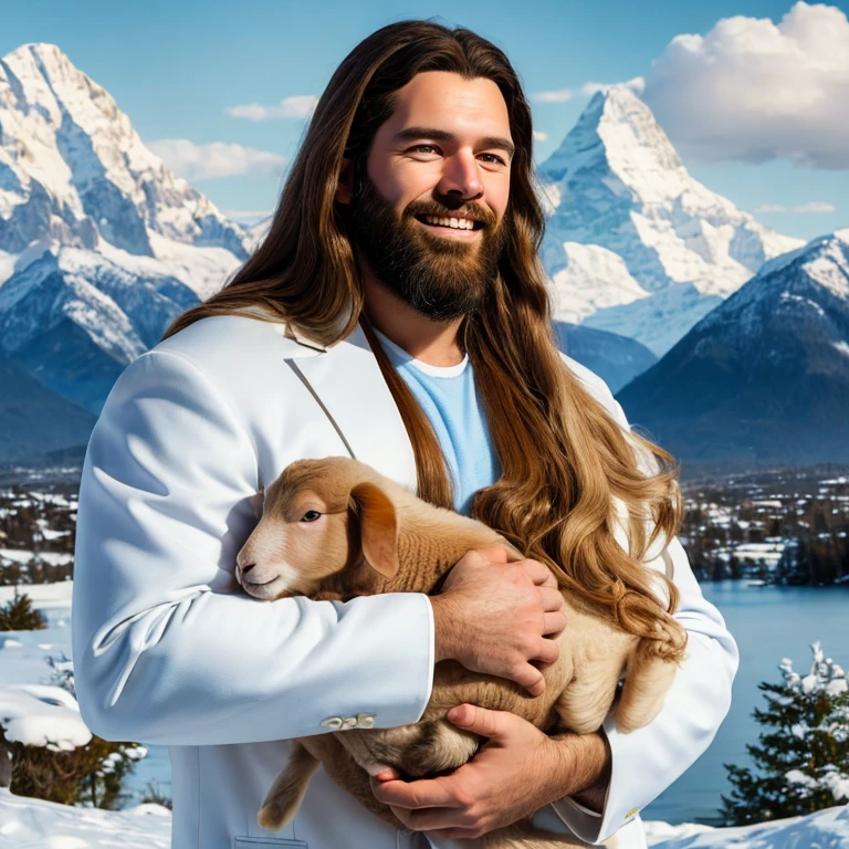 Jesus,portrait, soft light, A man with long brown hair and a beard, wearing a white coat and a blue belt, holds a lamb in his arms, gently smiling, Mountains and clouds in the background, 8 K, oil painting