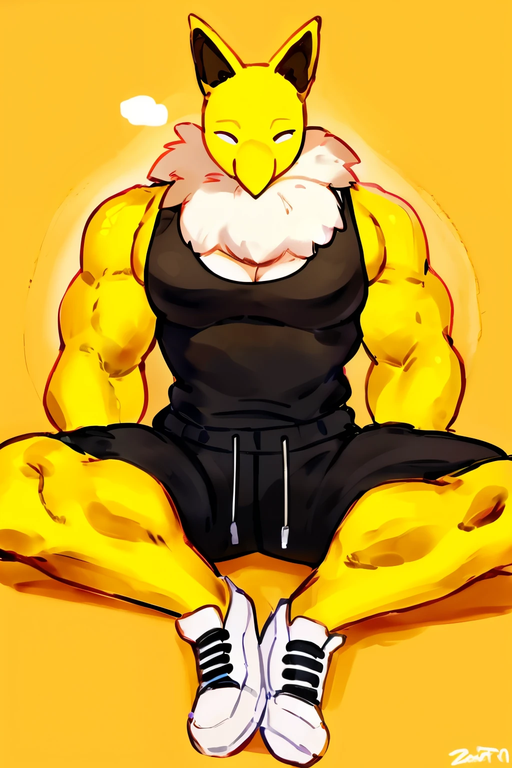 Furry, Anthro, solo, Hypno, Male, (((muscular body, massive thighs, massive male pectorals, yellow skin, fluffy neck, wearing white fur around neck, sitting))), ((((massive biceps)))), ((((((massive bulky torso, wearing black tanktop, wearing black sweatpants, white sneakers, wide-eyed, head tilted)))))), full body, black/yellow spraypainted background, by buta99, by zackary911, by bebebebebe, (((digital painting)))