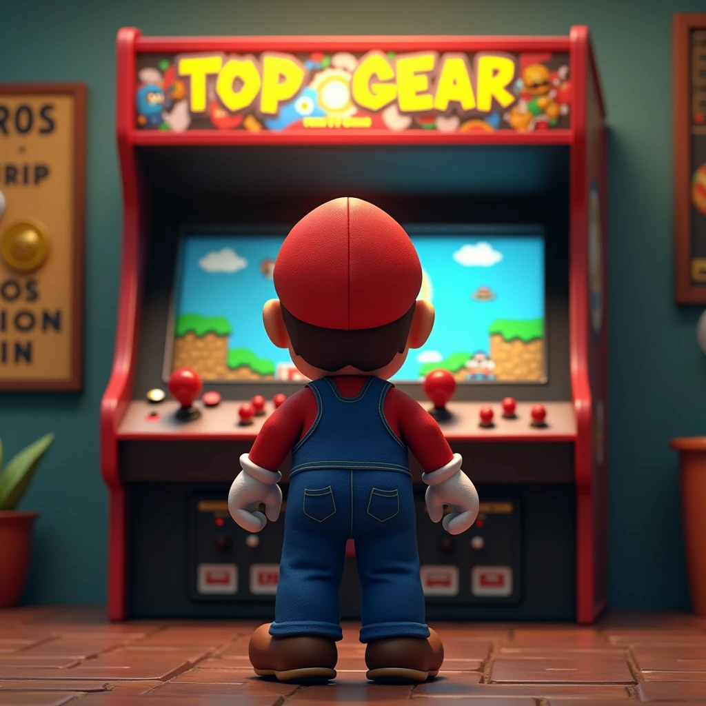 Mario from back view playing top gear on arcade sfrom label Só 1 Ficha