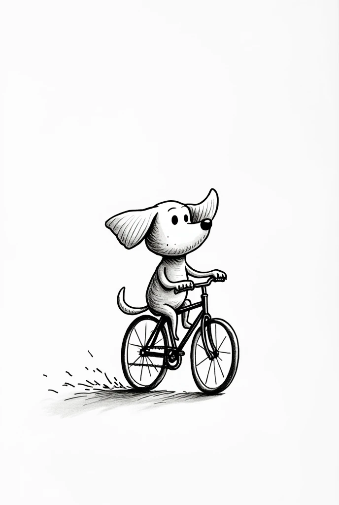 Make a drawing with a few lines in black and white, as if it were made of India ink, of a dog riding a bicycle., the dog is on the bike pedaling and his ears are loose in the wind. 