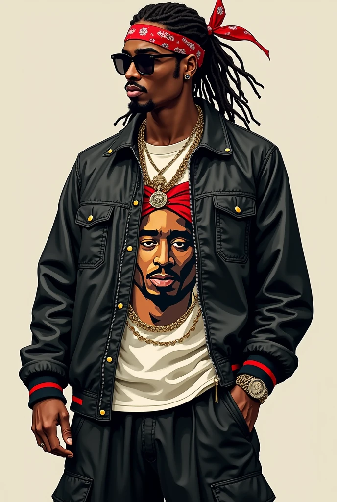 Create an urban character named Zaza Gatti with dreadlocks and a style of dress inspired by rapper Tupac Shakur. Zaza must project a strong sense of style and attitude, with iconic clothing from the Tupac era, like bandanas, t-shirts with eye-catching graphics, leather jackets, and wide pants. The look should include distinctive elements such as gold chains and sunglasses., reflecting a "flow" authentic and a striking presence. The design must capture the essence of rapper Tupac, mixing elegance with a street style.