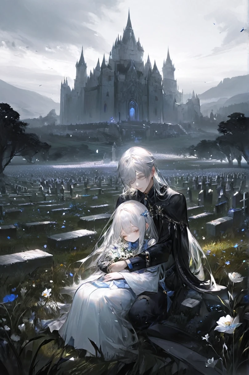 Priestess sitting with white haired man on her lap, LONG white hair, 1woman, 1homem, field of flowers, flower cemetery, castle temple, sad landscape, stunning landscape, (dreamy landscape)