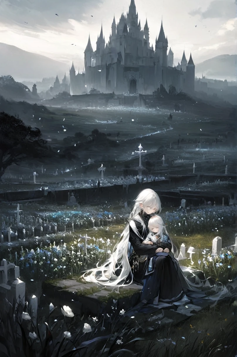 Priestess sitting with white haired man on her lap, LONG white hair, 1woman, 1homem, field of flowers, flower cemetery, castle temple, sad landscape, stunning landscape, (dreamy landscape)