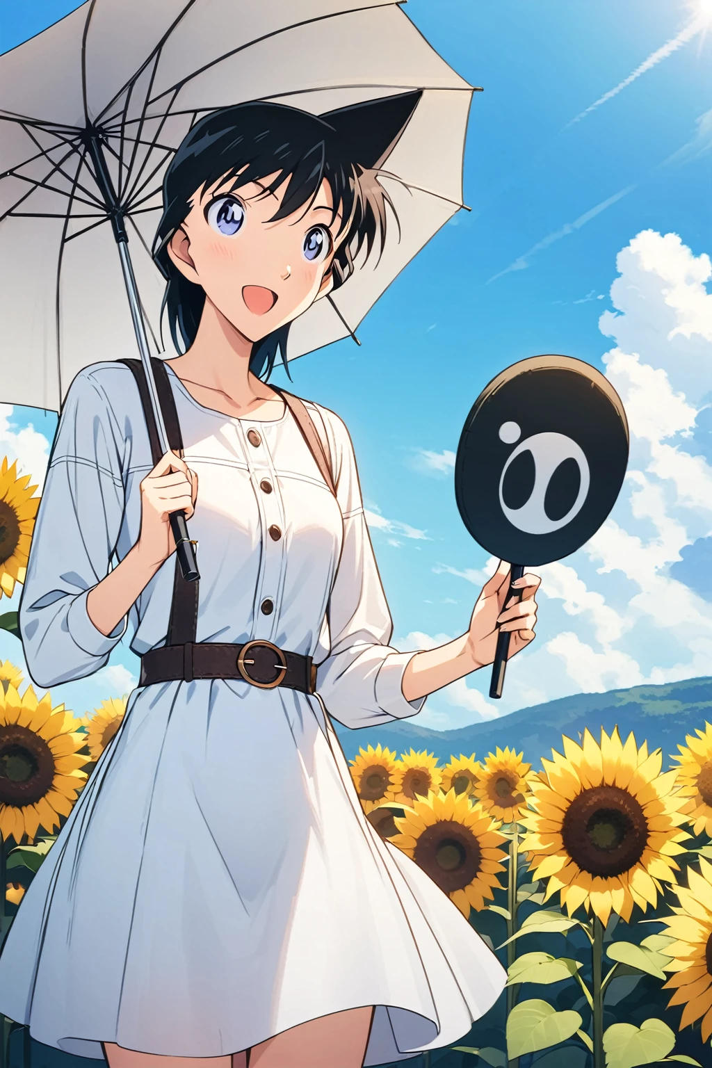 An anime-style beauty standing in a sunflower field。（full-body shot，Perfect body，individual：1.3），Beautiful woman wearing a white dress，Elegant skirt design，With long sleeves and belted detail。She holds a white umbrella，Black hair，Drop to shoulders。She looks relaxed and happy.，Seems to be enjoying a sunny day。The surrounding sunflowers face different directions，The background is a clear blue sky with a few clouds。The overall picture gives a sense of tranquility and summer.。