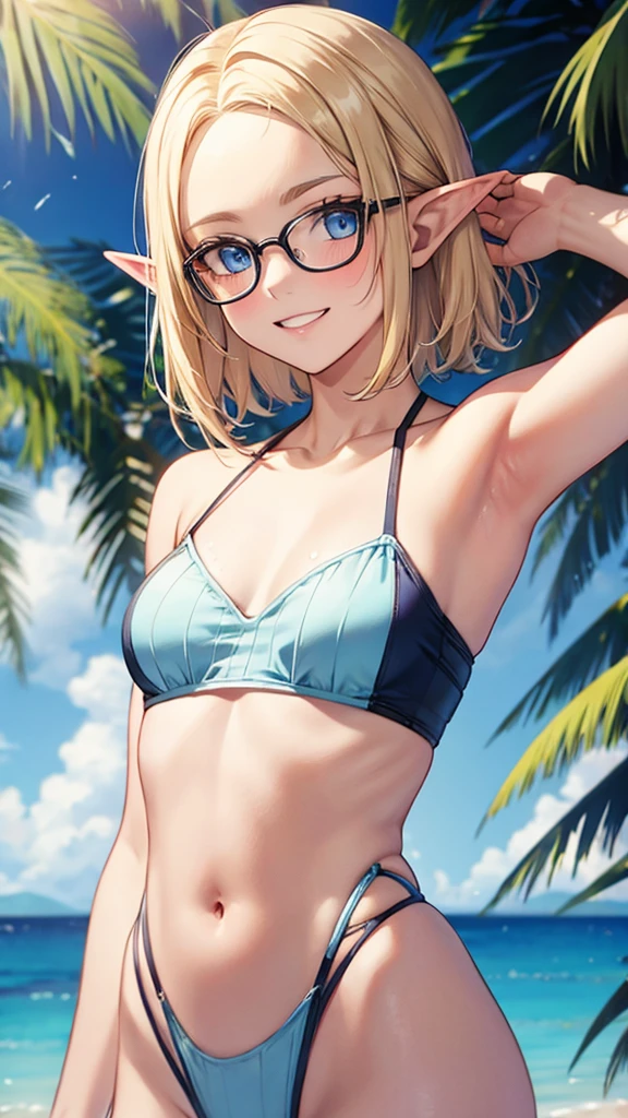 Very close、((Focus on the upper body))、16K、masterpiece、High resolution、High resolution、((1 young elven woman))、((Beautiful white skin、Small breasts))、((Beautiful blonde、short hair、Wide forehead visible、Glasses))、((Beautiful Blue Eyes))、((Pointed Ears))、Smiling Kindly、blush、Grin、((One-piece ruffled swimsuit))、((Beach))、