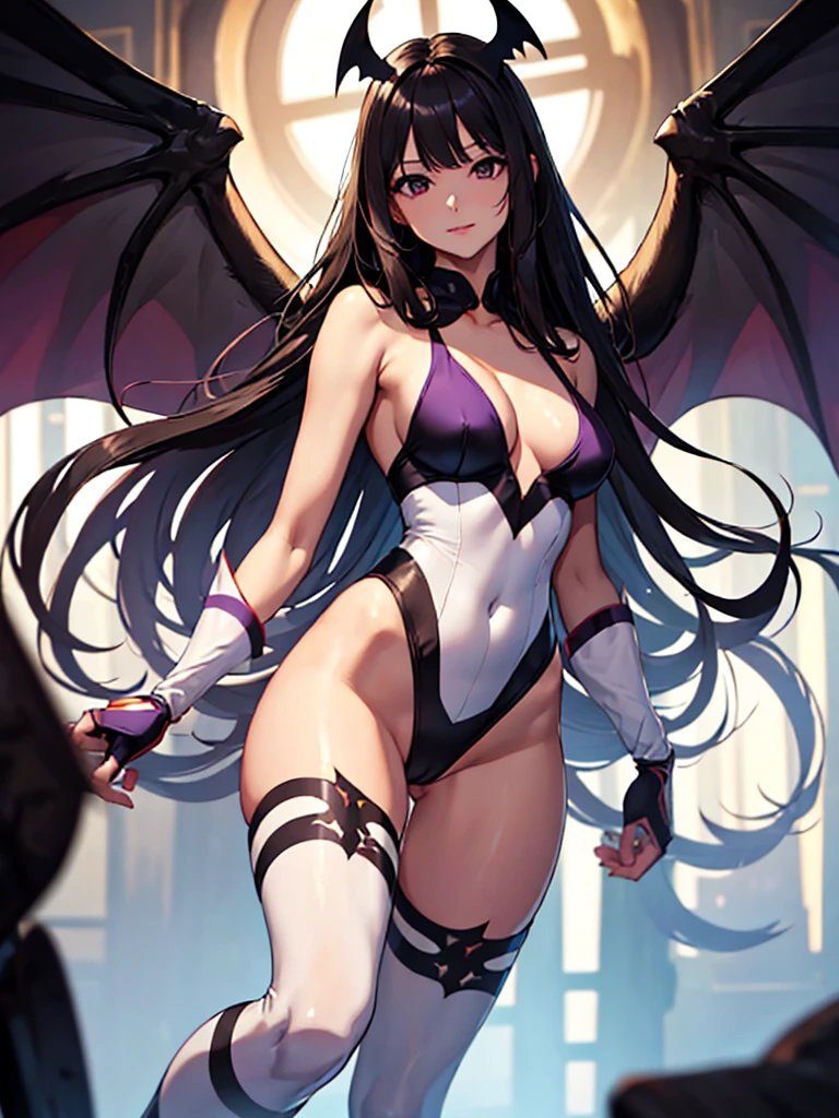 (masterpiece、top-quality、hight resolution、Unity 8k、extremely details CG:1,Best Picture), Woman striking a sexy pose. Woman smiling resignedly. Flirtatious. Indoor private room, Black eyes, black hair, bangs, devil girl, head wings, long hair, wings, animal print, pantyhose, bat print, bat wings, printed legwear, bridal gauntlet, leotard, bare shoulders, black wings, orange_gloves,thong_leotard,black_footwear,bat print,clothing_cutout,purple_wings,heart_cutout,low_wings,black_leotard,bat,highleg_leotard,purple_legwear,highleg,demon_wings,feather_trim,gloves,koakuma,cutout_above_navel,thighs,collarbone