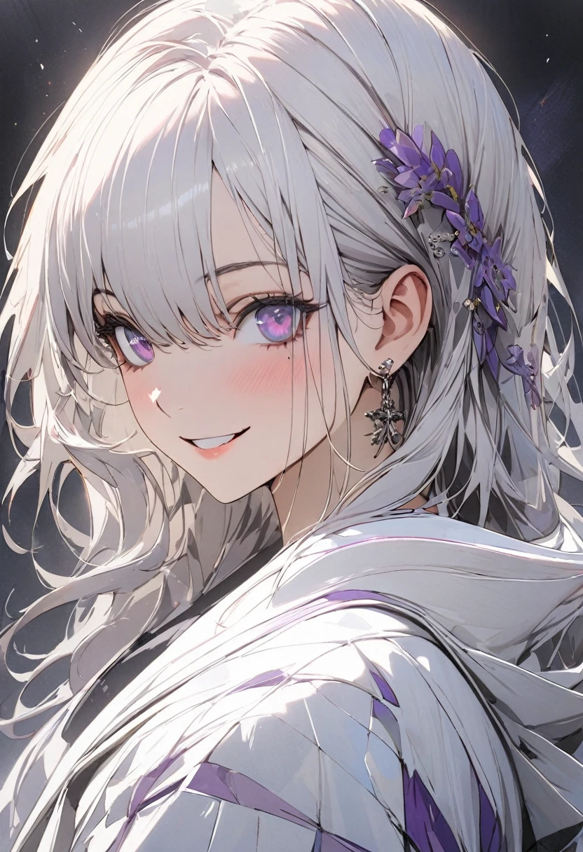 1 woman, striped hair, (long hair), white hair, hair between purple eyes, moles under the eyes, beautiful eyes, (smile), white cloth, high detail, conceptual art, japanese cartoon movies, gothic art, masterpiece, super detail, high details, high quality, best quality