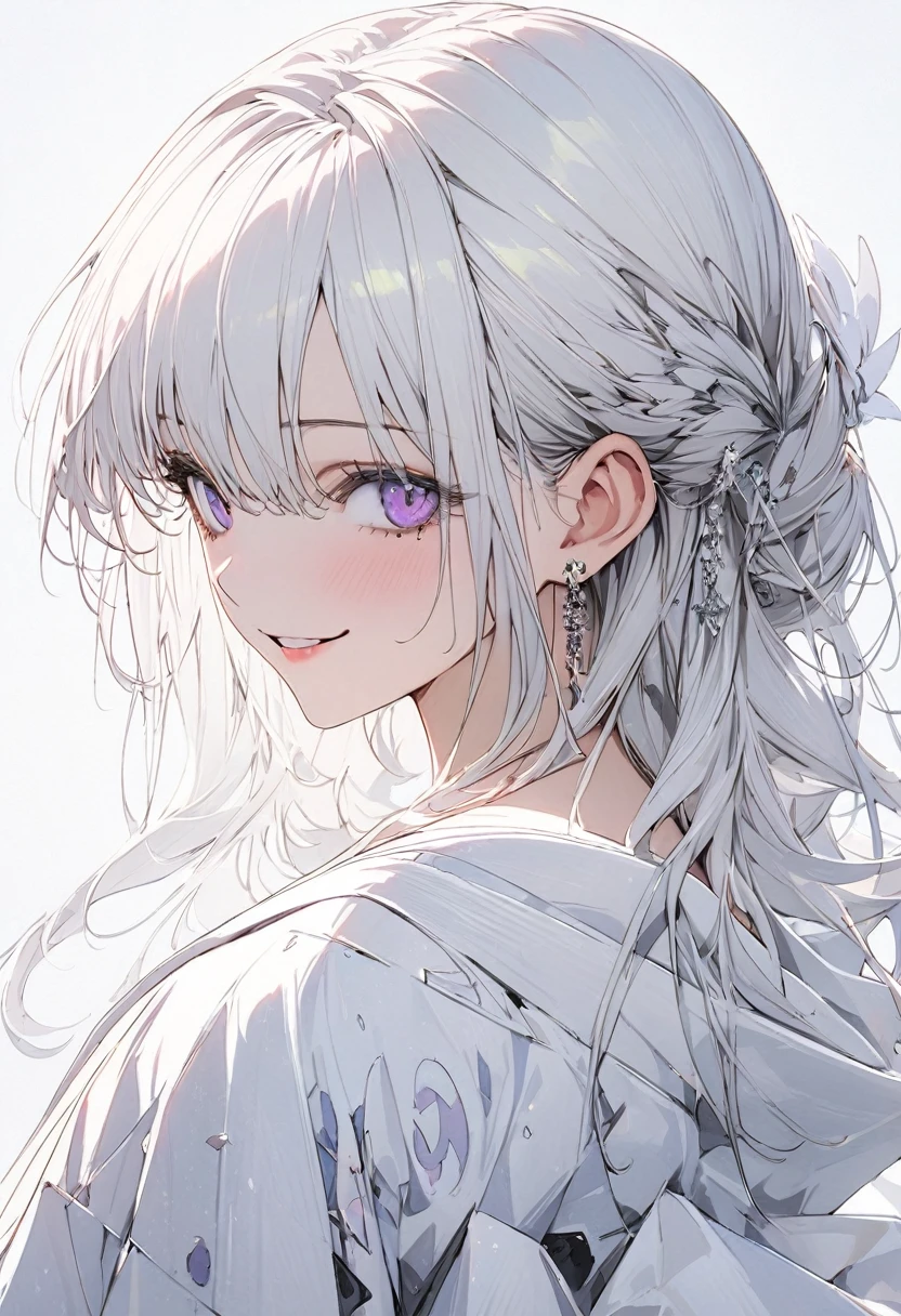 1 woman, striped hair, (long hair), white hair, hair between purple eyes, moles under the eyes, beautiful eyes, (smile), white cloth, high detail, conceptual art, japanese cartoon movies, gothic art, masterpiece, super detail, high details, high quality, best quality