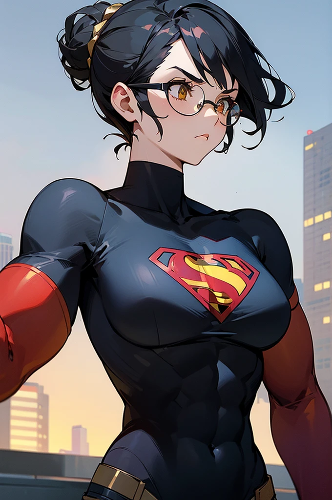 1female , undercut hair , wavy hair ,short hair, black Hair , golden Eyes , muscular ,teen female , Serious Expression , Modern City Background , modern city background, upper body, black superman shirt, arm, black arm sleeves, big red S symbol, blue jeans, glasses, hair in a bun
