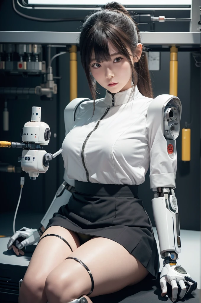 masterpiece, best quality, extremely detailed, Japaese android girl,Plump , control panels,android,Droid,Mechanical Hand, Robot arms and legs,Blunt bangs,perfect robot girl,long tube,thick cable connected her neck,android,robot,humanoid,cyborg,japanese cyborg girl ,future laboratory,robot laboratory,maintenance,connecting a cable between the legs,skirt, She is charging now,