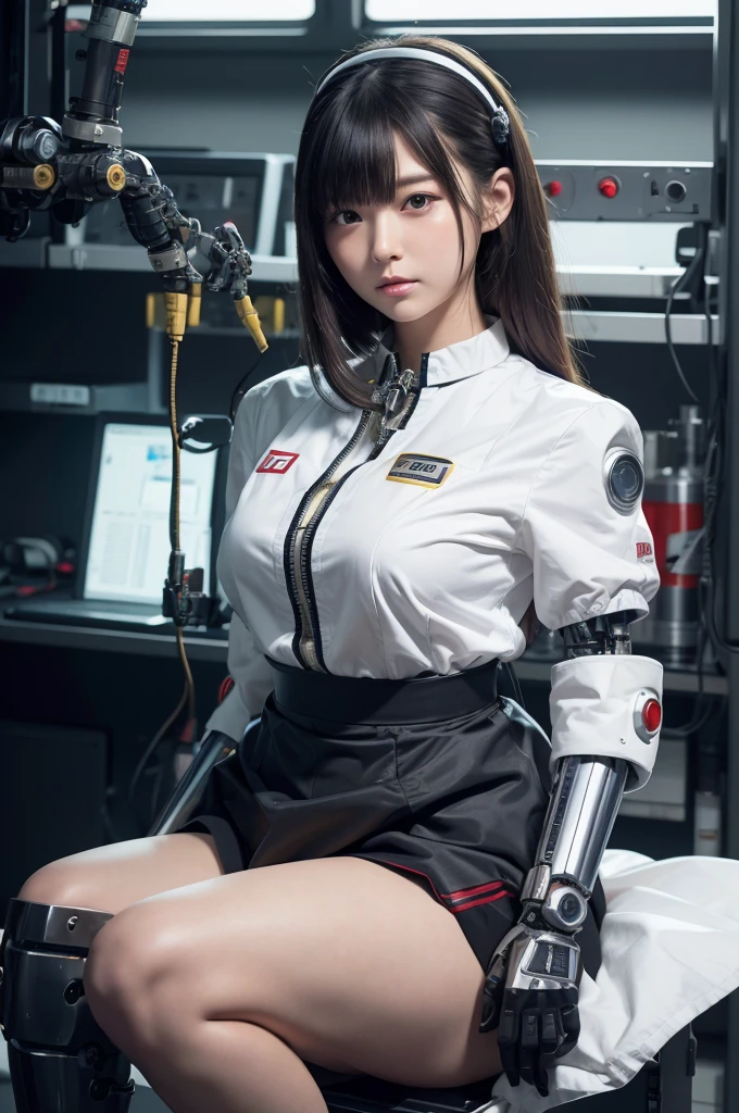 masterpiece, best quality, extremely detailed, Japaese android girl,Plump , control panels,android,Droid,Mechanical Hand, Robot arms and legs,Blunt bangs,perfect robot girl,long tube,thick cable connected her neck,android,robot,humanoid,cyborg,japanese cyborg girl ,future laboratory,robot laboratory,maintenance,connecting a cable between the legs,skirt, She is charging now,