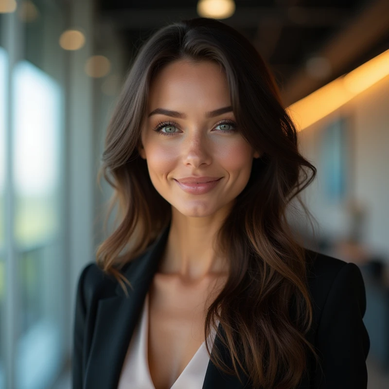 a confident successful woman in a modern professional environment, smiling, beautiful detailed eyes, beautiful detailed lips, extremely detailed face and hair, elegant business attire, professional atmosphere, clean studio lighting, glowing skin, warm ambient lighting, cinematic composition, award-winning digital art, hyper realistic, 8k, photorealistic, masterpiece