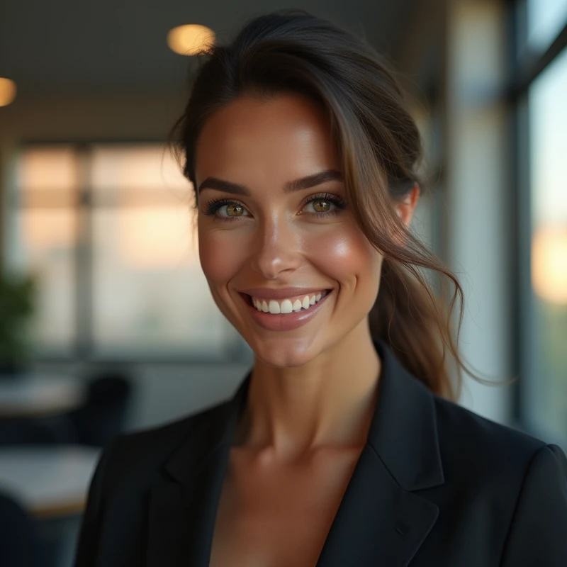 a confident successful woman in a modern professional environment, smiling, beautiful detailed eyes, beautiful detailed lips, extremely detailed face and hair, elegant business attire, professional atmosphere, clean studio lighting, glowing skin, warm ambient lighting, cinematic composition, award-winning digital art, hyper realistic, 8k, photorealistic, masterpiece