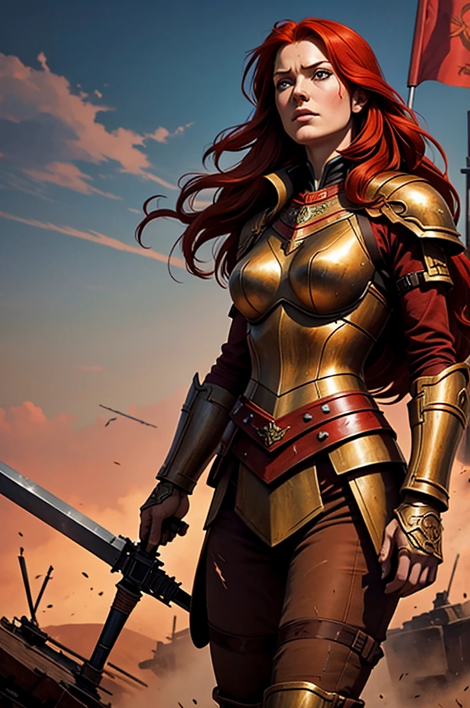 art of a red-haired woman with long, loose hair is on a battlefield, raising a red flag to the sky. She wears metal armor with ornate details., showing signs of recent battles, with marks and scratches.
