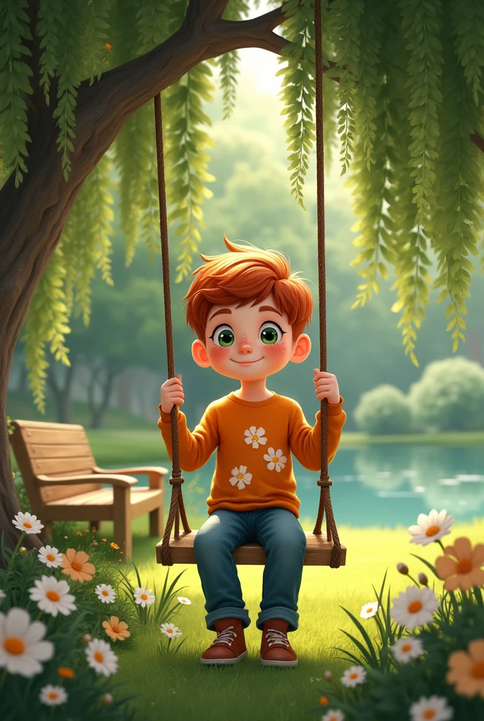 A freckled red-haired boy with vibrant green eyes, wearing an orange long-sleeved shirt with several white flowers on the front and jeans. Sitting on a wooden swing hanging from a weelping tree, with a lake next to it, and a wooden bench, around trees and flowers