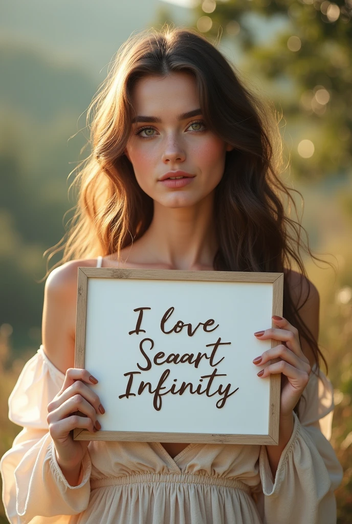 Beautiful girl with wavy long hair, bohemian dress, holding a white board with text "I Love Seaart Infinity" and showing it to the viewer