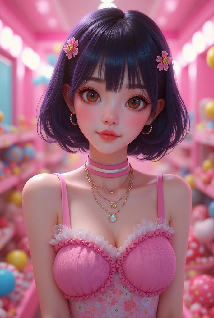 Realistic Kpop girl that has a short hair and purple stripe. Her clothes are cute concept and it includes candy. Her eye color are brown