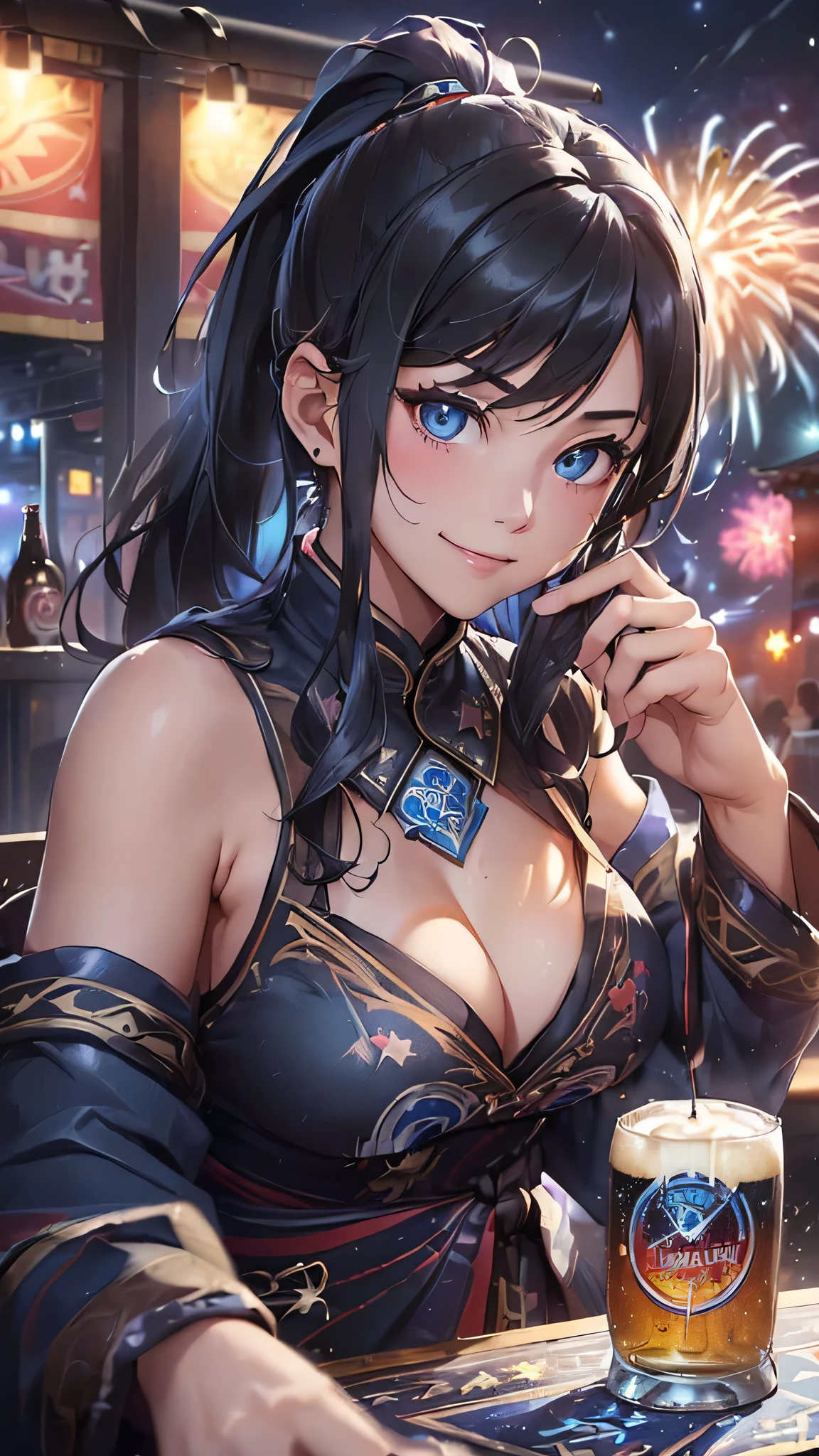 最high quality、Best image quality、masterpiece、With a girl((cute、20-year-old、Best Bust、Medium Bust、Beautiful Blue Eyes、Spread your chest wide,Black Hair、ponytail、Disheveled Hair、thin、Highest Valley、Rough style、smile、Beer を持つ、Drunk)）high quality、Beautiful art、background((night、festival、stall、Fireworks、Beer )),Tabletop、Exquisite design、Visual Arts、Written boundary depth、Best lighting、Highest detail、8ｋ