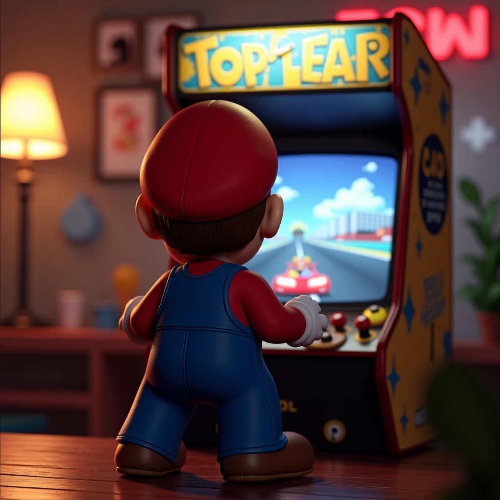 Mario from back view playing top gear on arcade sfrom label Só 1 Ficha 