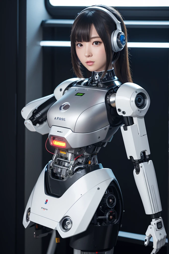 masterpiece, best quality, extremely detailed, Japaese android girl,Plump , control panels,android,Droid,Mechanical Hand, Robot arms and legs,Blunt bangs,perfect robot girl,long tube,thick cable connected her neck,android,robot,humanoid,cyborg,japanese cyborg girl ,future laboratory,robot laboratory,maintenance,connecting a cable between the legs,skirt, She is charging now,