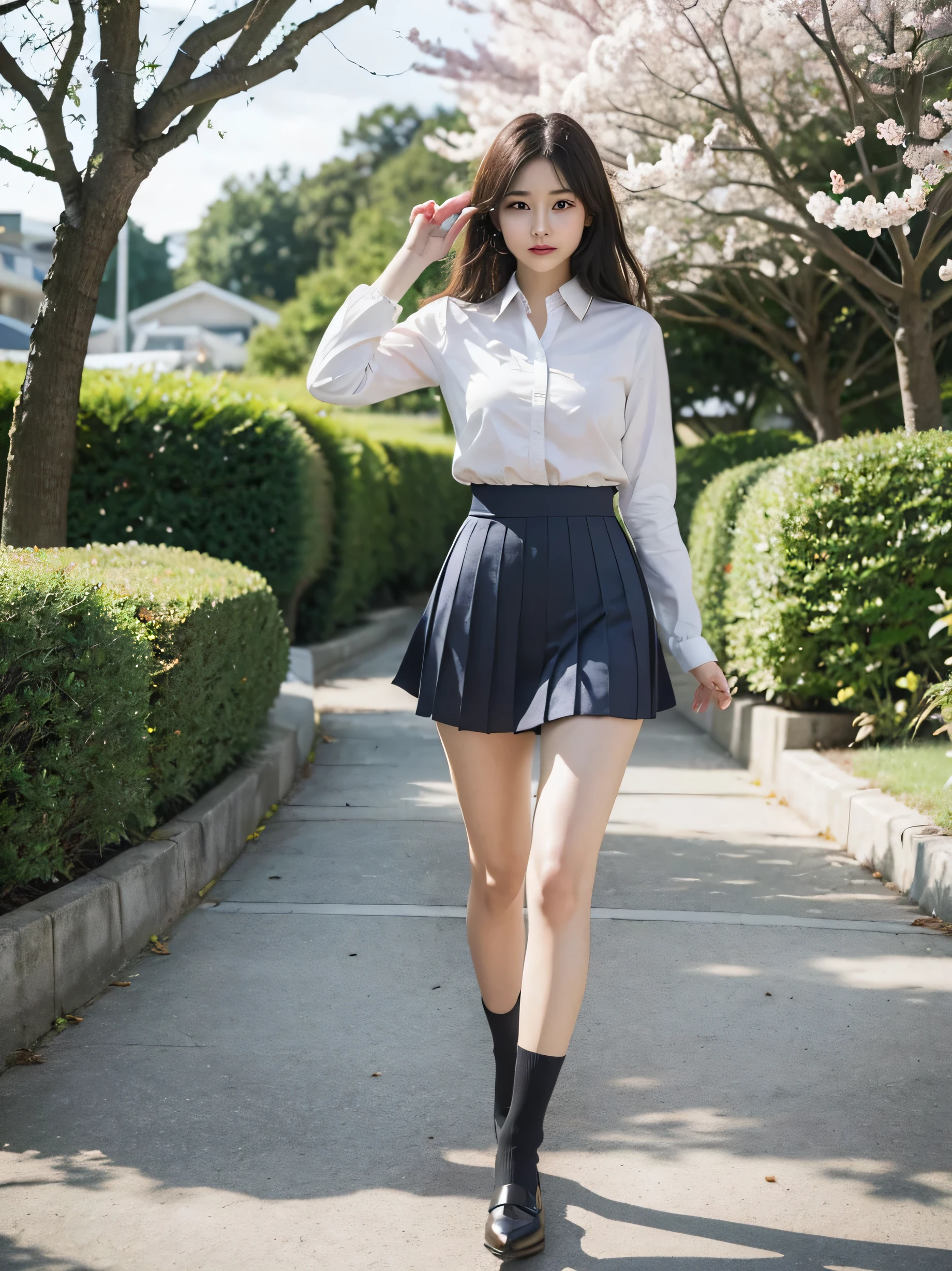 masterpiece, best quality,4girl,young girl, plum_pie eyes, brown, choppy bob,envious _face,shiny skin,medium breasts,nice leg line:1.3, thin waist, red color high heels, Pathway_lined_with_blooming_cherry_blossom_trees, looking at viewer,from below,full body, slim body, perfect face, ((Perfectly insane textured)), ((Perfect proportional object arcithecture)), ((Perfect photo)), ((Super ekstremely detiled)), ((best quality)), ((masterpiece)), (bright young face), (detailed), (full body), (anti aliasing), (standing tightly), (perfect face), right leg ((kicks in the air)), eyes focus on the right leg, while shouting haaa, pretty bravelly, , thin legs, tight skirts, left leg heels on the ground on, sidewalk, RAW photos, 8K, highest quality, ultra-high resolution, beautiful faces detailed, real human skin, gentle expressions, Front view, angle from below, long hair, realistic, photorealistic, cute, short skirt, in the city, cute school girl, Japanese uniform, wearing Japanese school uniform, surreal high school girl, whole body,