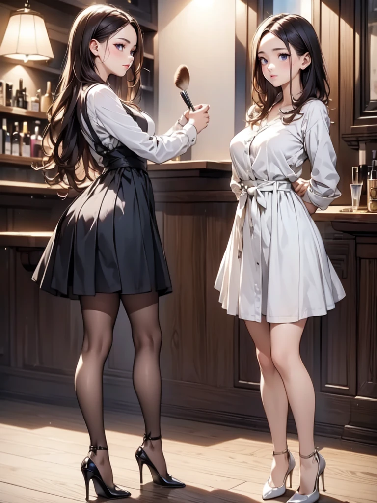 (masterpiece:1.3),(best quality, highest quality),((Full Body Shot,Including face)),()1girl,4K,masterpiece,((Focus on the face)),((Symmetrical facial features)),Beautiful woman,(slender),((High heels,Patterned stockings with straps)),Detailed depiction of the face, Cafe clerk ,bar counter,profile,Long skirt,slenderな女性,Green Cafe uniform,Age 25,(((Putting on makeup)))