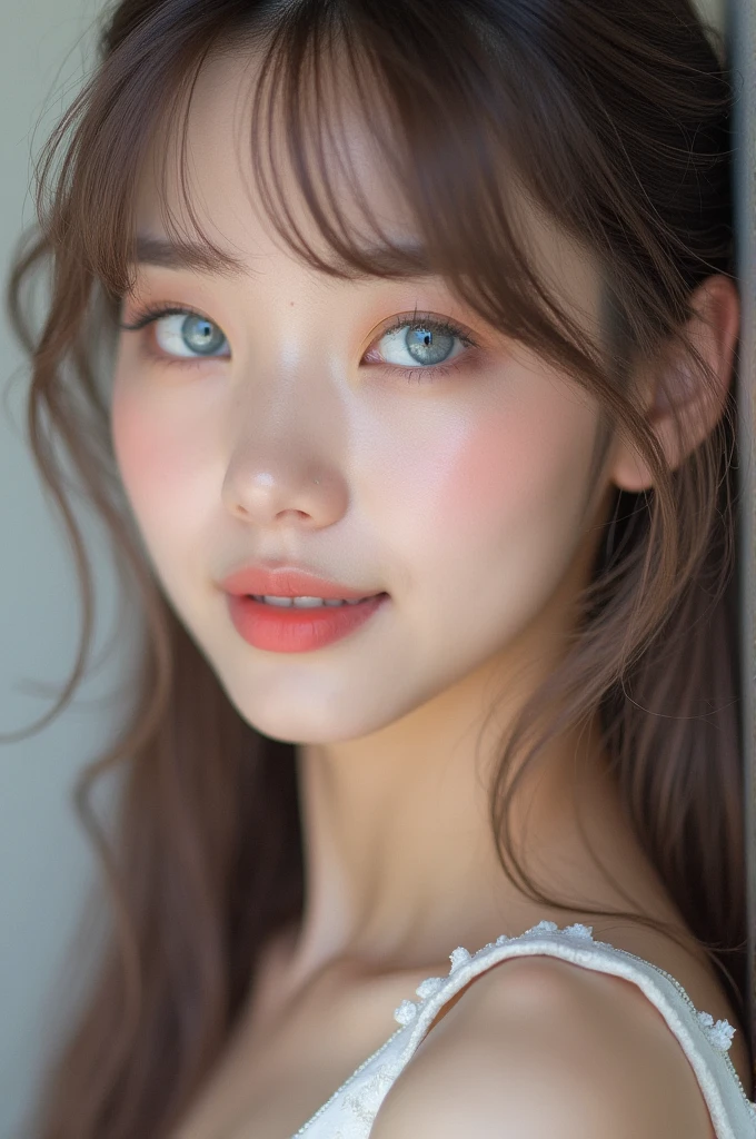 (a closeup:1.4)、(RAW shooting:1.2)、(Photorealsitic:1.4)、(masterpiece:1.3)、(top-quality:1.4)、bright expression、extremely beautyful girl、Extraordinary beautiful girl、Detailed cute and beautiful face、Beautiful bangs、Glowing white shiny skin、facial hairs、Bangs that extend to the face、Bangs between the eyes、Super long hair、Attractive light and dark platinum pink super long straight silky hainer hair、Attractive glowing beautiful bright clear light blue big eyes、Luxurious dresses、Double eyelids、Lush bust、The upper part of the body、