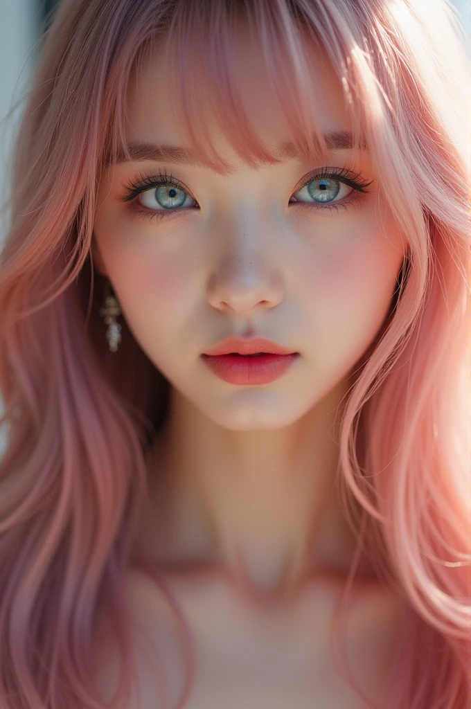 (a closeup:1.4)、(RAW shooting:1.2)、(Photorealsitic:1.4)、(masterpiece:1.3)、(top-quality:1.4)、bright expression、extremely beautyful girl、Extraordinary beautiful girl、Detailed cute and beautiful face、Beautiful bangs、Glowing white shiny skin、facial hairs、Bangs that extend to the face、Bangs between the eyes、Super long hair、Attractive light and dark platinum pink super long straight silky hainer hair、Attractive glowing beautiful bright clear light blue big eyes、Luxurious dresses、Double eyelids、Lush bust、The upper part of the body、