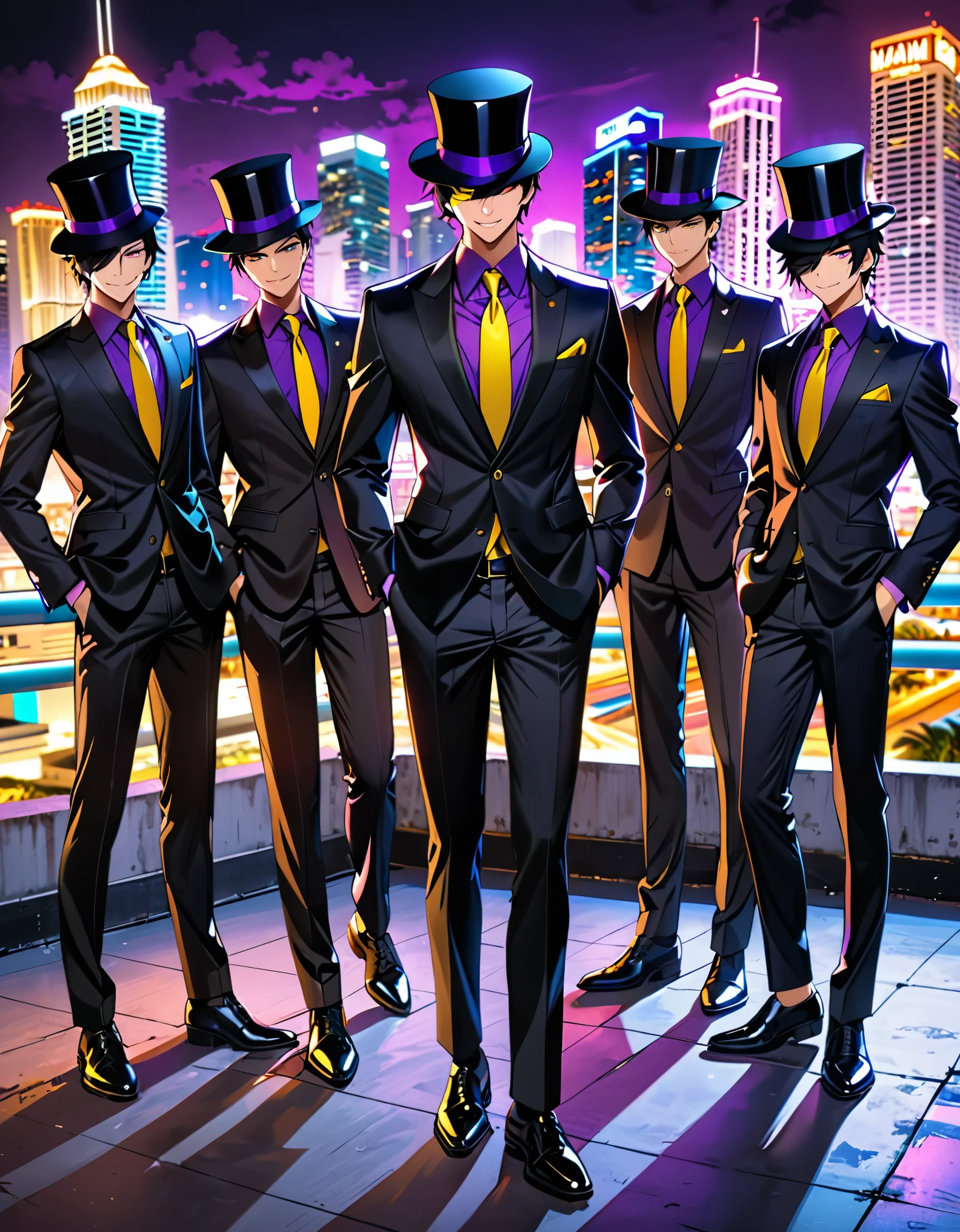 (masterpiece), (best quality), (highres), 4boys, male focus, 15 years old, billionaire, villain, solo, solo focus, three clones, jet black hair, purple eyes, swept bangs, (hair over one eye:1.3), smirk, smile, formal, suit, black jacket, yellow necktie, necktie, gold vest, black pants, slacks, purple shirt, dynamic relaxed pose, black socks, matching dress shoes, bratty attitude, top hat, rooftop, outdoors, Miami city backdrop, nighttime, cowboy shot, full body shot, neon lighting, fine details, mysterious atmosphere.