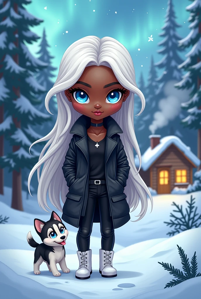 Black woman with long white hair in chibi, blue bright eyes,blue bright eyes,blue bright eyes, skin black, black synthetic leather overcoat, black blouse, black faux leather pants, white boot, pink mouth, red cheek, snowy scenery with ice crystals, snowy scenery with ice crystals, , shining blue eyes, wooden cottage in the background with smoke coming out of the chimney and windows with yellowish light, pine trees ao fundo casa, pine trees, neve, pine trees, neve, others, northern lights, a siberian husky puppy interacting with the woman

