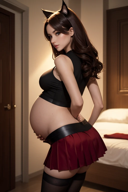 8k, masterpiece, very realistic, Full body Sexy pregnant cat woman, cat ears, very slim waist, slim thighs, pleated red mini skirt, black crop top, long light brown hair, medium breasts, pregnant, curved back, midriff, stockings, from the back 