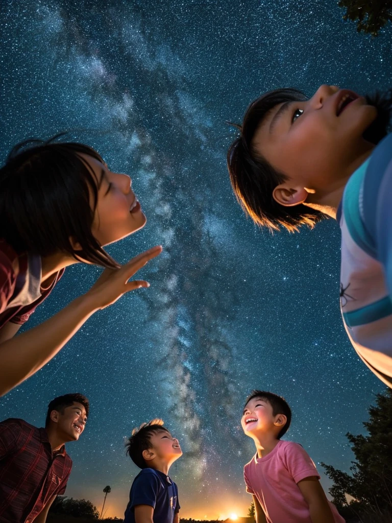 Parents and children looking up at the starry sky with smiles、Parents smile at their children on the grass