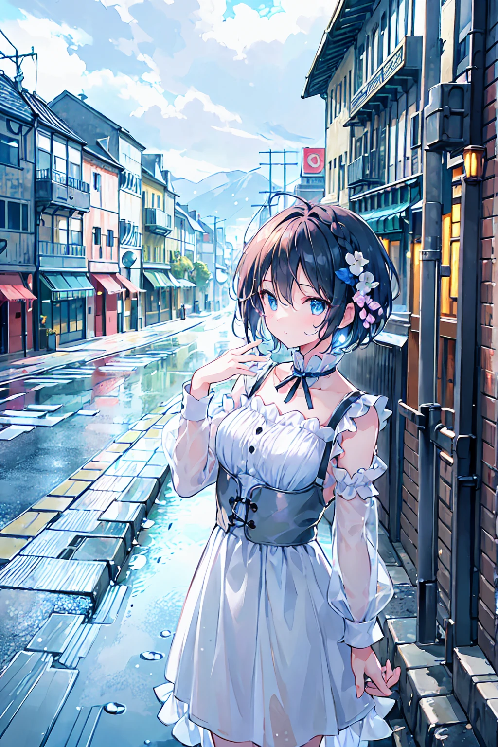Tabletop, Highest quality,figure, wallpaper, Super detailed, Absurd, One Girl, alone, (Medium Short Hair、Short braided hair), Beautiful attention to detail, Rainfall、Water droplets fall、Wet your hair , Look to the side, (street:1.5), Cloudy、Bright landscape