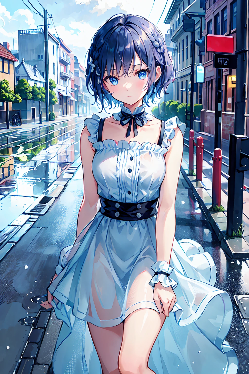 Tabletop, Highest quality,figure, wallpaper, Super detailed, Absurd, One Girl, alone, (Medium Short Hair、Short braided hair), Beautiful attention to detail, Rainfall、Water droplets fall、Wet your hair , Look to the side, (street:1.5), Cloudy、Bright landscape