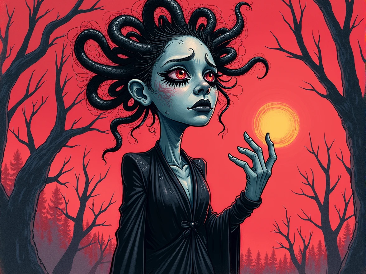 An expressive over the shoulder unfinished cartoon sketch featuring a hairless figure Medusa in a maxi dress. MEDUSA has snakes on their head with accurate snake bodies, snake scales, and a snake tail rattle. The drawing includes ornate corpsepaint blackmetal facepaint, resembling Grace Jones. The style blends the art aesthetics of Sean Gordon Murphy and Joelle Jones with a rough sketch charcoal art style. The sketch shows rough-draft pencil lines underneath with bold lines over a rough-sketch inking, using an ink and charcoal blend. The scene is set in the pine barrens with sparse trees, emphasizing a candid, sorrowful expression. The sketch uses angular and expressive lines in an incomplete, unfinished style, evoking a sense of decay. Colors include red, yellow, and blue (RYB coloring), (sfw), clothed. --no polished --no clean --no detailed --no smooth --no refined