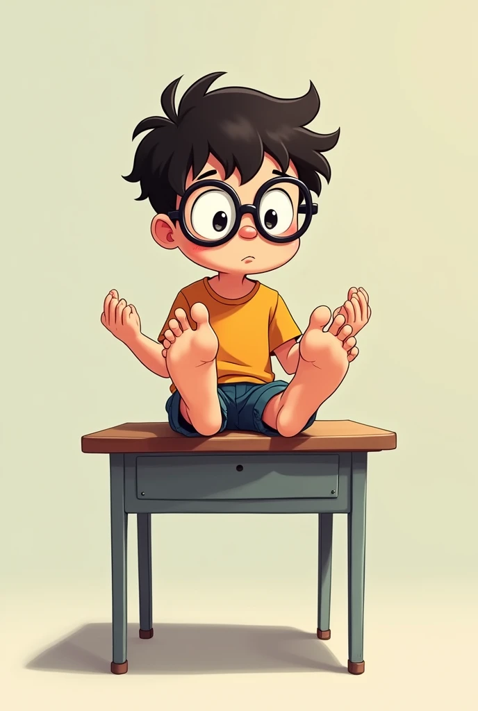 2D anime style, nerd barefoot boy school 7 years old sitting on empty table lifting feet, wrinkled soles,