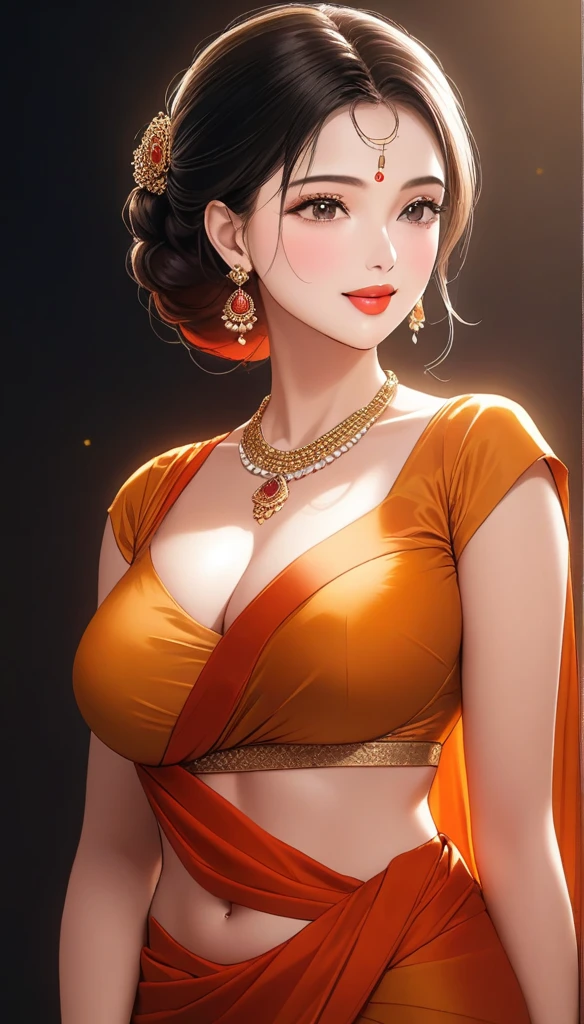 (1woman, mature, single hair braid, silk wet orange saree, long crystal jhumka earrings, detailed alluring eyes, smooth detailed lips, beautiful face, smiling, red lipstick, navel, bangles, saggy breasts, photorealistic, 8k, hyperdetailed, vibrant colors, studio lighting, masterpiece, cinematic composition, dramatic lighting, intricate details, highly realistic skin textures, volumetric lighting, beautiful intricate jewelry, warm color palette, natural lighting, elegant pose, beautiful detailed expression, hyper realistic rendering, seamless blending, flawless skin, glowing skin, delicate features, breathtaking realism, striking composition),tall , necklace, bangles ,navel,full body view