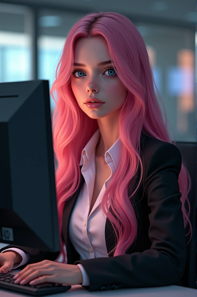 a beautiful girl with long pink hair, detailed blue eyes, nose, and lips, wearing  professional outfit, siting in her office, using her computer, hp comuter (best quality,4k,8k,highres,masterpiece:1.2),ultra-detailed,(realistic,photorealistic,photo-realistic:1.37),HDR,studio lighting,extremely detailed face and body, portrait,cinematic lighting,dramatic lighting,warm color tones,dramatic colors