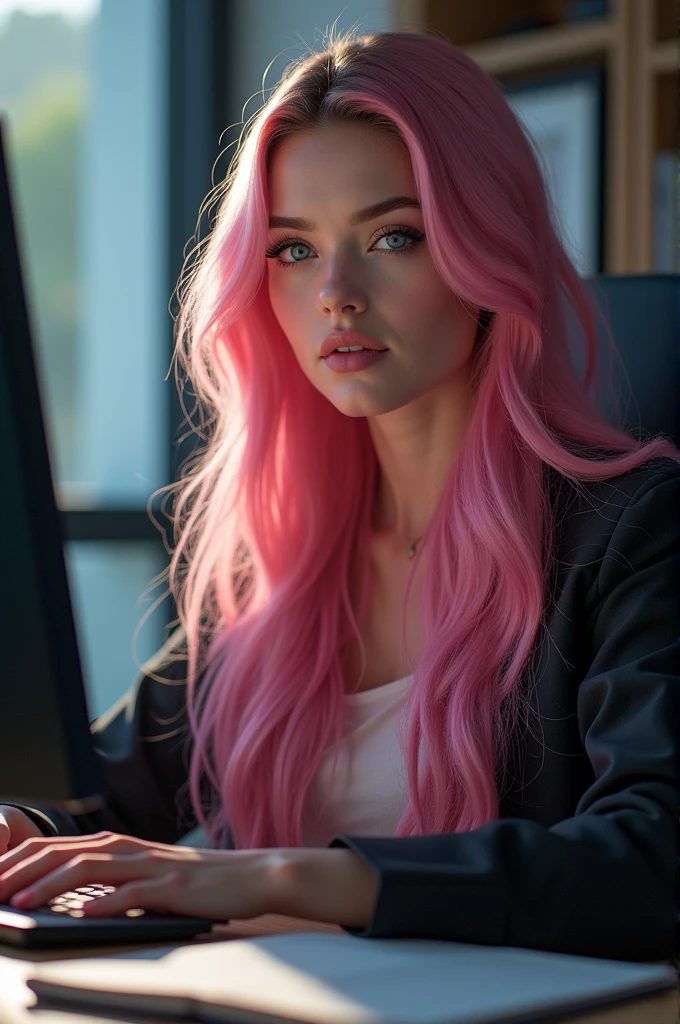 a beautiful girl with long pink hair, detailed blue eyes, nose, and lips, wearing professional outfit, siting in her office, using her computer, hp comuter (best quality,4k,8k,highres,masterpiece:1.2),ultra-detailed,(realistic,photorealistic,photo-realistic:1.37),HDR,studio lighting,extremely detailed face and body, portrait,cinematic lighting,dramatic lighting,warm color tones,dramatic colors